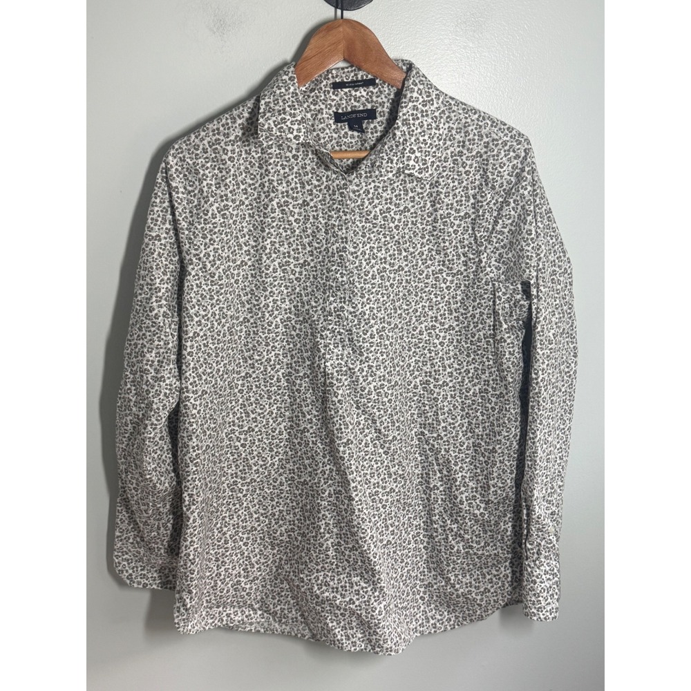 Lands End No Iron Supima Cotton Blouse Gray Leopard Print Button Down Shirt 14
